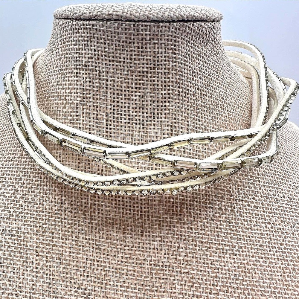 Vintage Multi Strand White Cord Choker Necklace Rhinestone Tube Bar‎ Statement